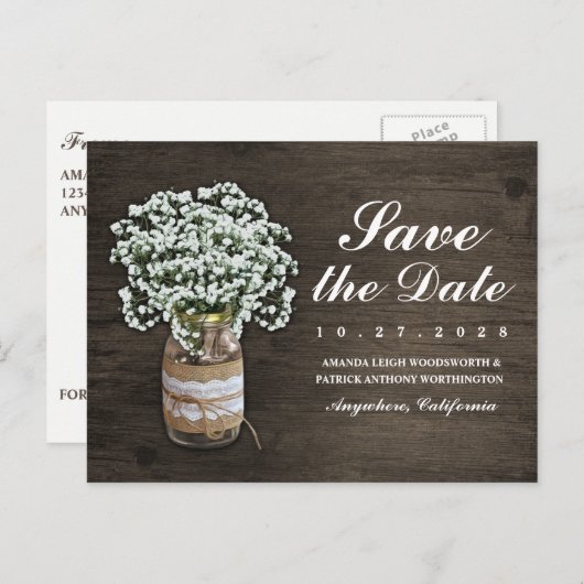 Baby's Breath Mason Jar Rustic Save The Date Cards Aankondigingskaart (Voorkant / Achterkant)