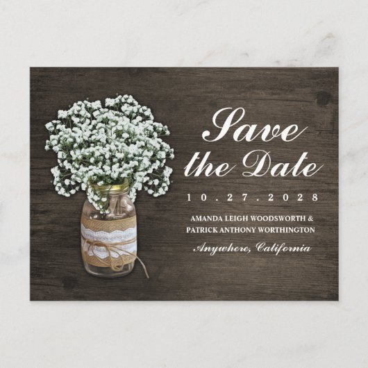 Baby's Breath Mason Jar Rustic Save The Date Cards Aankondigingskaart (Voorkant)