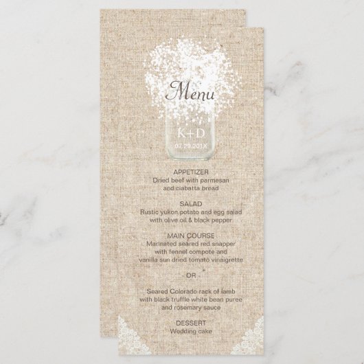 Baby's Breath Mason Jar Rustic Wedding Menu (Voorkant / Achterkant)