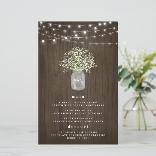 Babys Breath Mason Jar Rustic Wedding Menu Kaarten (Staand voorkant)