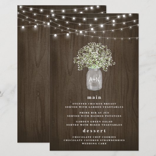 Babys Breath Mason Jar Rustic Wedding Menu Kaarten (Voorkant / Achterkant)