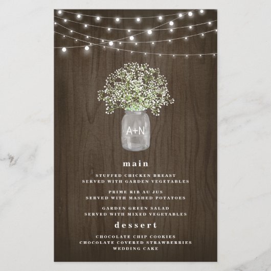 Babys Breath Mason Jar Rustic Wedding Menu Kaarten (Voorkant)