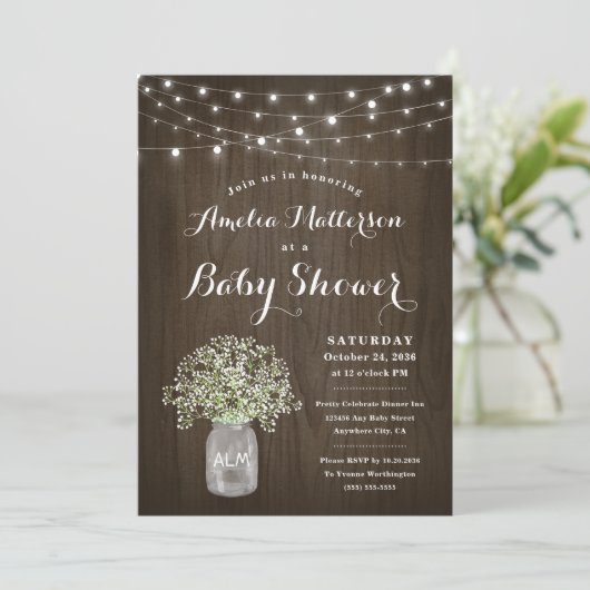 Babys Breath Mason Jar Rustic Wood Baby shower Kaart (Staand voorkant)