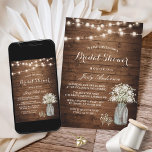 Baby's Breath Mason Jar Rustic Wood Vrijgezellenfe Kaart<br><div class="desc">Leg de rustieke elegantie van een vrijgezellenfeest vast met deze Baby's Breath Mason Jar Rustic Wood Bridal Shower Invitation. Deze uitnodiging toont een charmant ontwerp met delicate babyadembloemen in een metselaarpot, geplaatst tegen een rustieke houten achtergrond. De aanpasbare sjabloon stelt u in staat om de uitnodiging te personaliseren met behulp...</div>