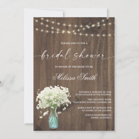 Baby's Breath Mason Jar Rustic Wood Vrijgezellenfe Kaart (Voorkant)