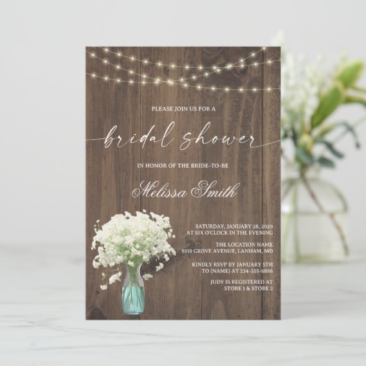 Baby's Breath Mason Jar Rustic Wood Vrijgezellenfe Kaart (Staand voorkant)