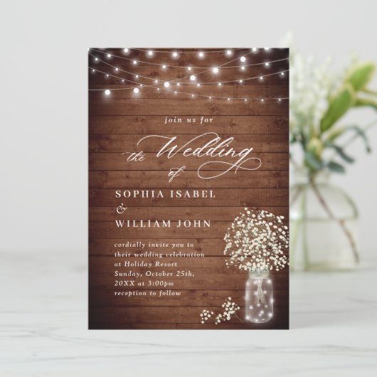 Baby's Breath Mason Jar Rustic Wood Wedding Kaart (Staand voorkant)