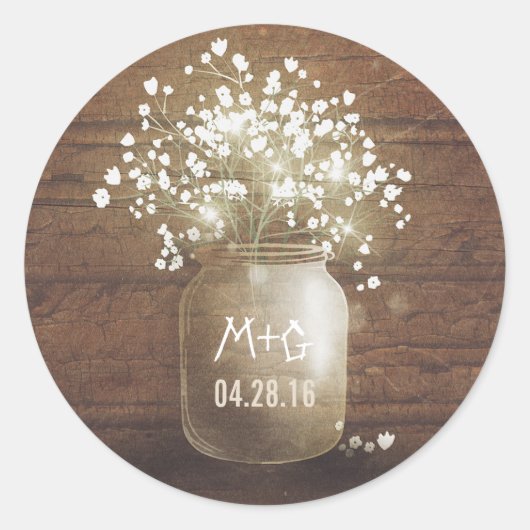 Baby's Breath Mason Jar Rustic Wood Wedding Ronde Sticker (Voorkant)