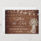 Baby's Breath Mason Jar Rustic Wood Wedding Save The Date (Voorkant)