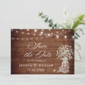 Baby's Breath Mason Jar Rustic Wood Wedding Save The Date (Staand voorkant)