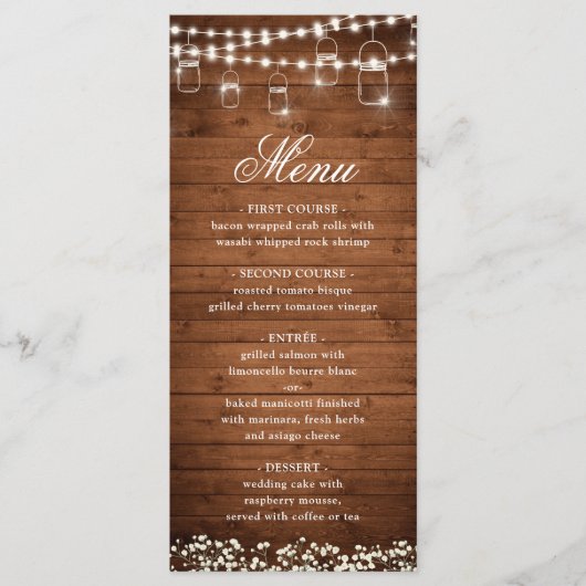 Baby's Breath Mason Jar Rustiek Bruiloft Diner Menu (Voorkant)