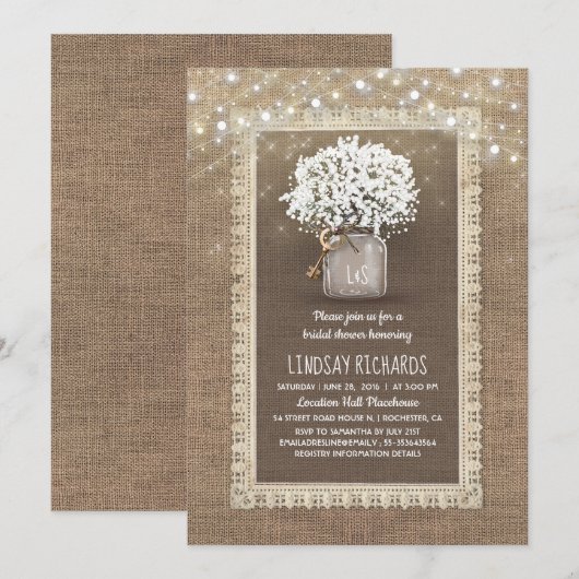 Baby's Breath Mason Jar Rustiek Kant Vrijgezellenf Kaart (Voorkant / Achterkant)