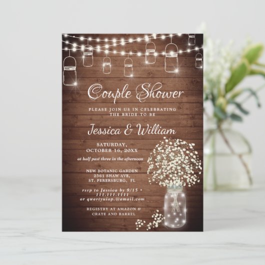 Baby's Breath Mason Jar Rustiek Paar Douche Kaart (Staand voorkant)