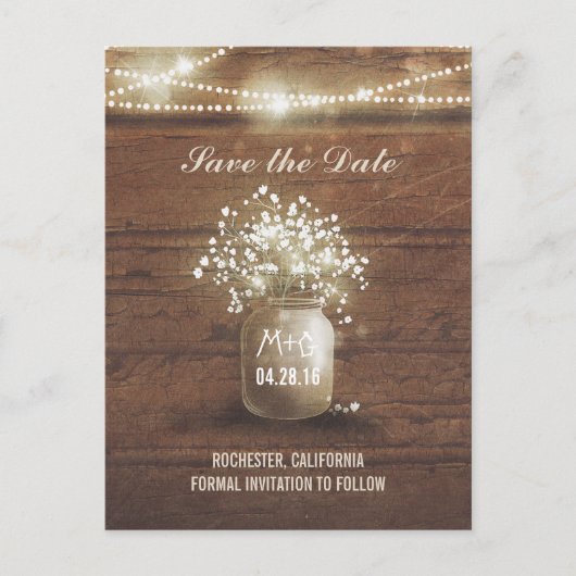 Baby's Breath Mason Jar Rustiek Save the Date Aankondigingskaart (Voorkant)