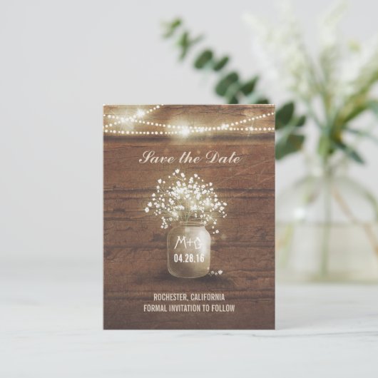 Baby's Breath Mason Jar Rustiek Save the Date Aankondigingskaart (Staand voorkant)