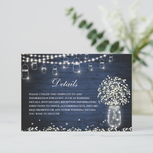 Baby's Breath Mason Jar Rustieke Bruiloft Details Informatiekaartje (Staand voorkant)