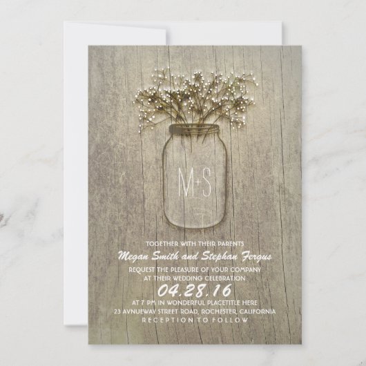 Baby's Breath Mason Jar Rustieke Bruiloft Kaart (Voorkant)
