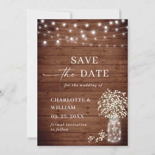 Baby's Breath Mason Jar Rustieke Bruiloft QR-code Save The Date (Voorkant)