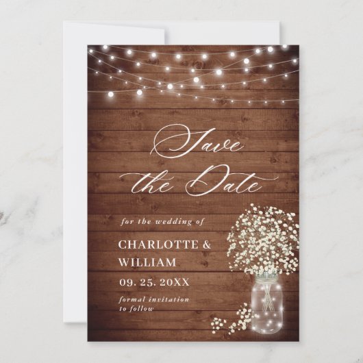 Baby's Breath Mason Jar Rustieke Bruiloft QR-code Save The Date (Voorkant)