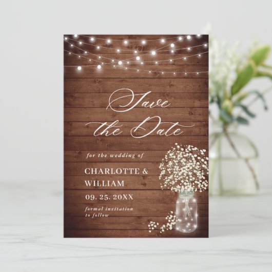 Baby's Breath Mason Jar Rustieke Bruiloft QR-code Save The Date (Staand voorkant)