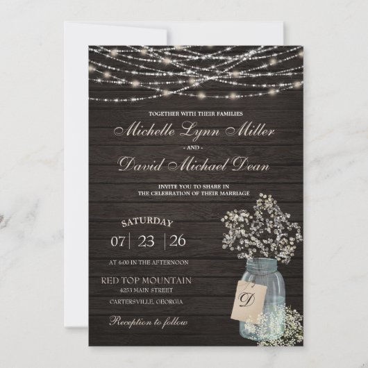 Baby's Breath Mason Jar Rustieke bruiloft uitnodig Kaart (Voorkant)