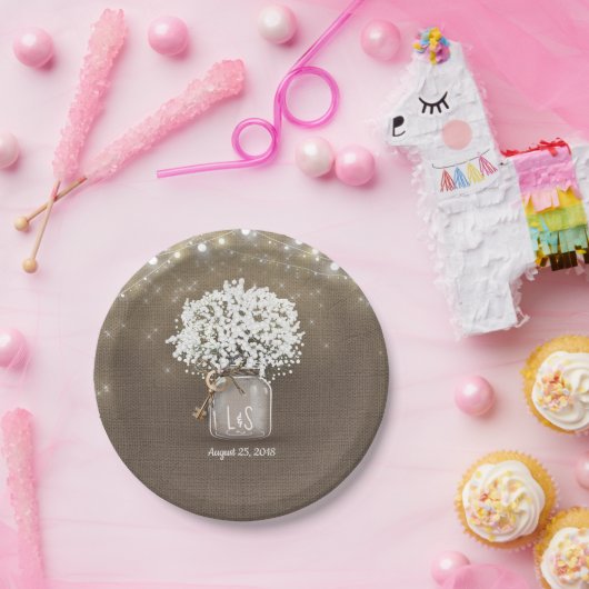 Baby's Breath Mason Jar Rustieke Burlap Bruiloft Papieren Bordje (Feest)