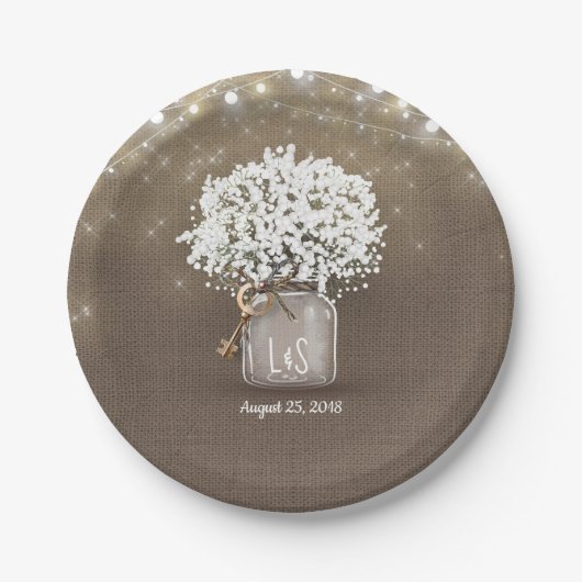 Baby's Breath Mason Jar Rustieke Burlap Bruiloft Papieren Bordje (Voorkant)