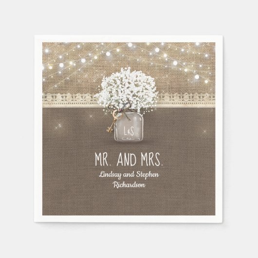 Baby's Breath Mason Jar Rustieke Burlap Bruiloft Servet (Voorkant)