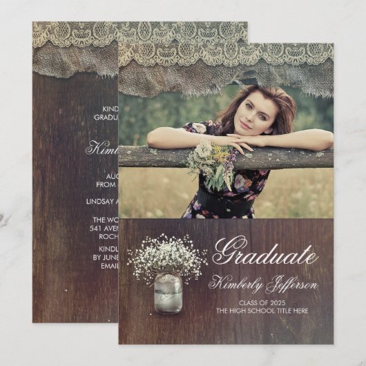 Baby's Breath Mason Jar Rustieke Foto Afstuderen Kaart (Voorkant / Achterkant)