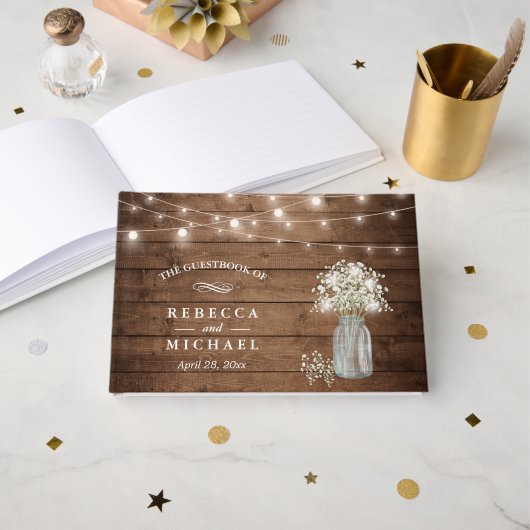 Baby's Breath Mason Jar Rustieke Houten Lichten Br Gastenboek (Voorkant open)