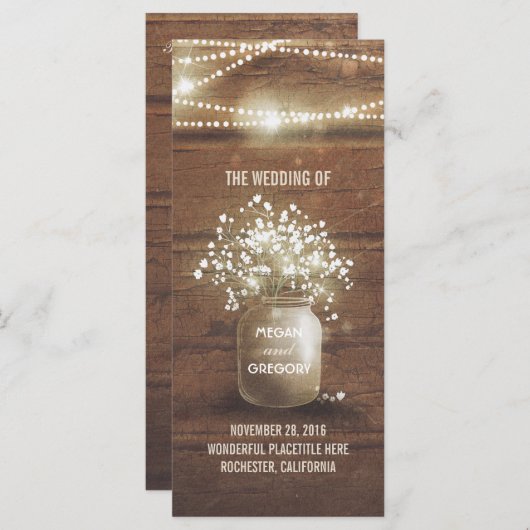 Baby's Breath Mason Jar Rustieke Trouwprogramma's Programmakaart (Voorkant / Achterkant)