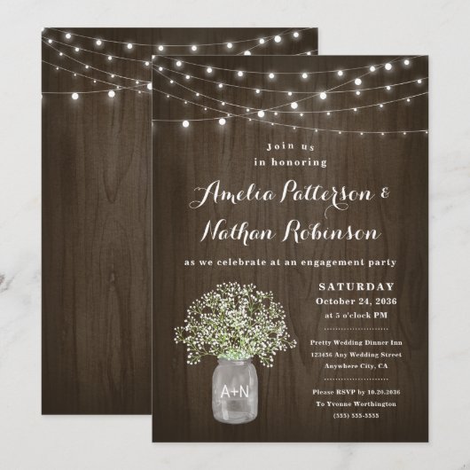 Babys Breath Mason Jar Rustieke Verlovingsfeest Kaart (Voorkant / Achterkant)