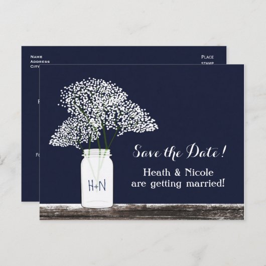 Baby's Breath Mason Jar Save The Date ansichtkaart Aankondigingskaart (Voorkant / Achterkant)