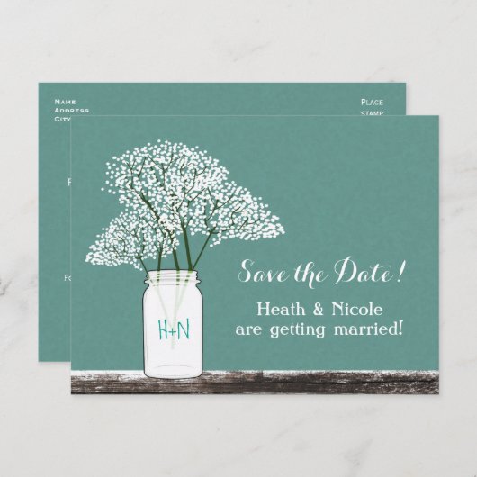 Baby's Breath Mason Jar Save The Date ansichtkaart Aankondigingskaart (Voorkant / Achterkant)