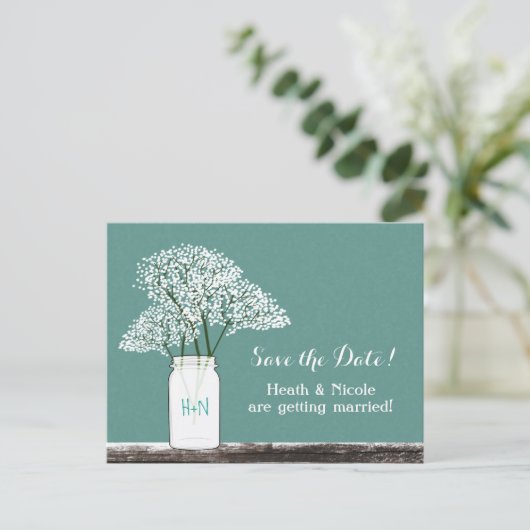 Baby's Breath Mason Jar Save The Date ansichtkaart Aankondigingskaart (Staand voorkant)