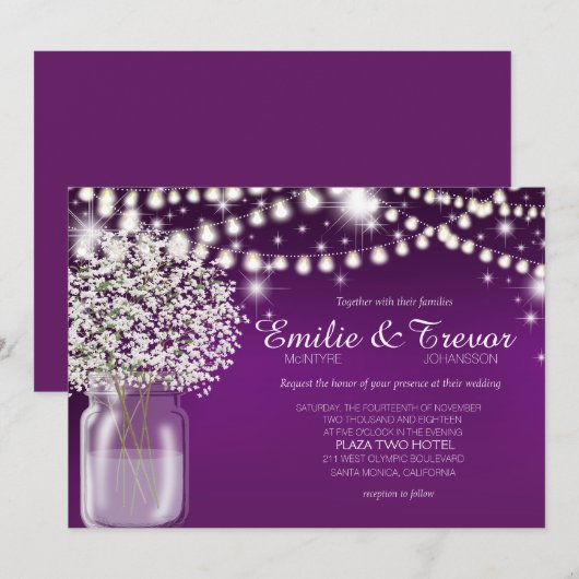 Baby's Breath Mason Jar String Lichten paarse Kaart (Voorkant / Achterkant)
