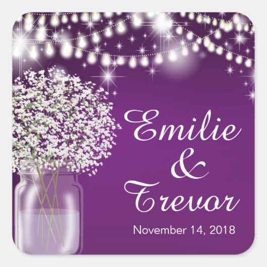 Baby's Breath Mason Jar String Lichten paarse Vierkante Sticker (Voorkant)