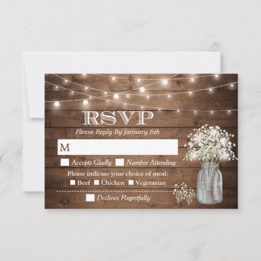 Baby's Breath Mason Jar String Lights Meal RSVP Kaartje (Voorkant)