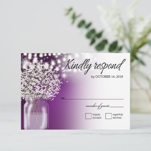 Baby's Breath Mason Jar String Lights RSVP paarse Kaartje (Staand voorkant)