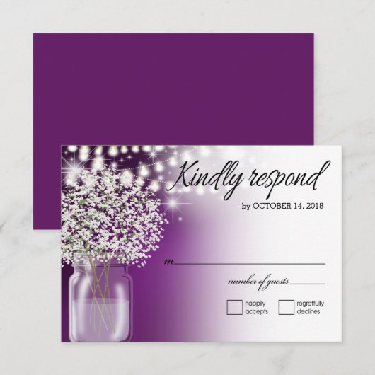 Baby's Breath Mason Jar String Lights RSVP paarse Kaartje (Voorkant / Achterkant)