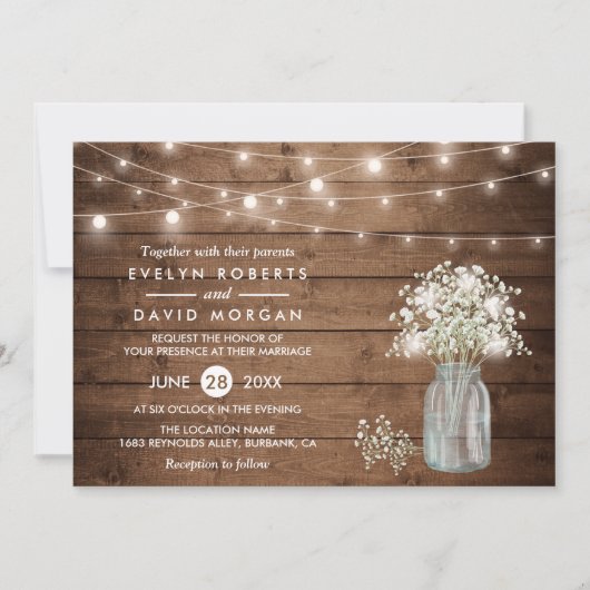 Baby's Breath Mason Jar String Lights Wedding Kaart (Voorkant)
