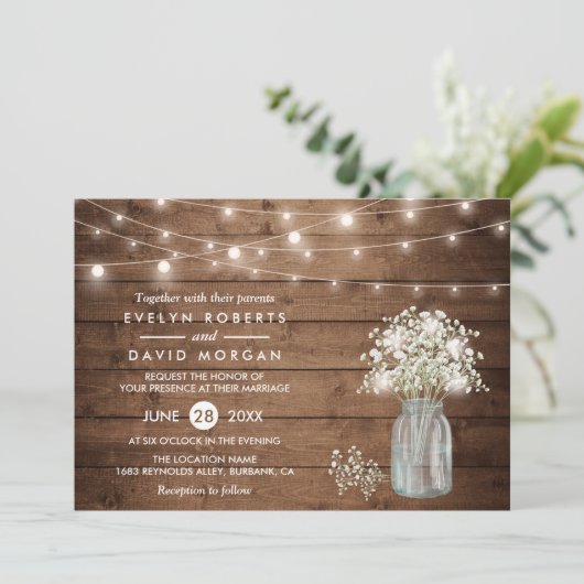 Baby's Breath Mason Jar String Lights Wedding Kaart (Staand voorkant)