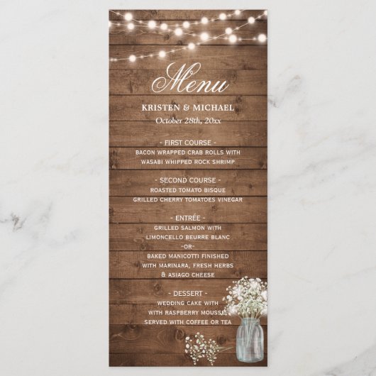 Baby's Breath Mason Jar String Lights Wedding Menu (Voorkant)
