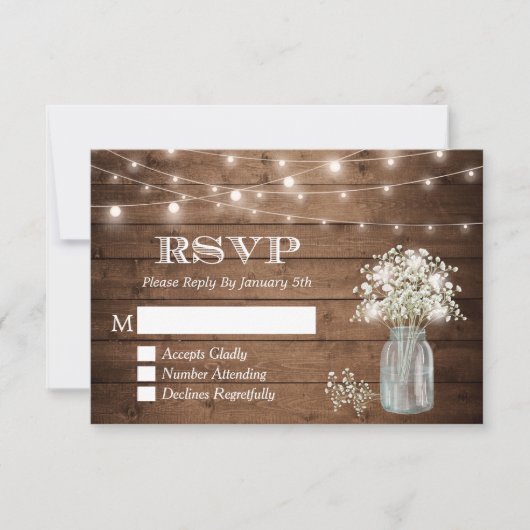 Baby's Breath Mason Jar String Lights Wedding RSVP (Voorkant)