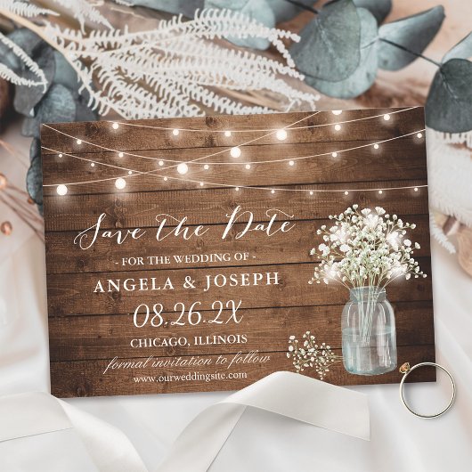 Baby's Breath Mason Jar String Lights Wedding Save The Date