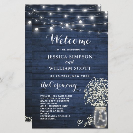 Baby's Breath Mason Jar Wedding Ceremony Program (Voorkant / Achterkant)