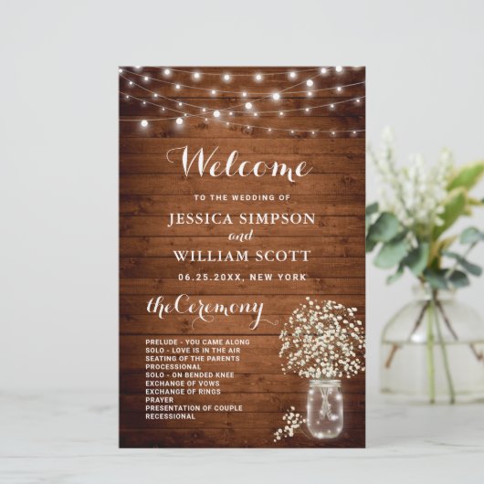 Baby's Breath Mason Jar Wedding Ceremony Program (Staand voorkant)