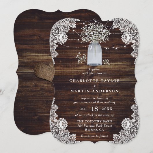 Baby's Breath Mason Jar Wood Floral Lace Wedding Kaart (Voorkant / Achterkant)
