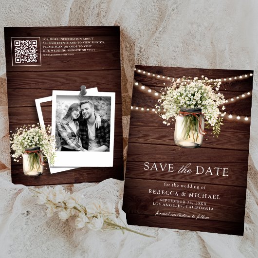 Baby's Breath Mason Jar Wood QR Code Trouwfoto Save The Date