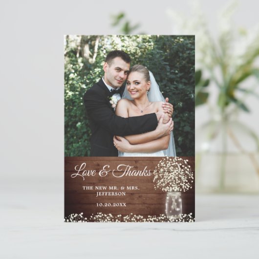 Baby's Breath Mason Pot Houten Foto Bedankkaart (Staand voorkant)